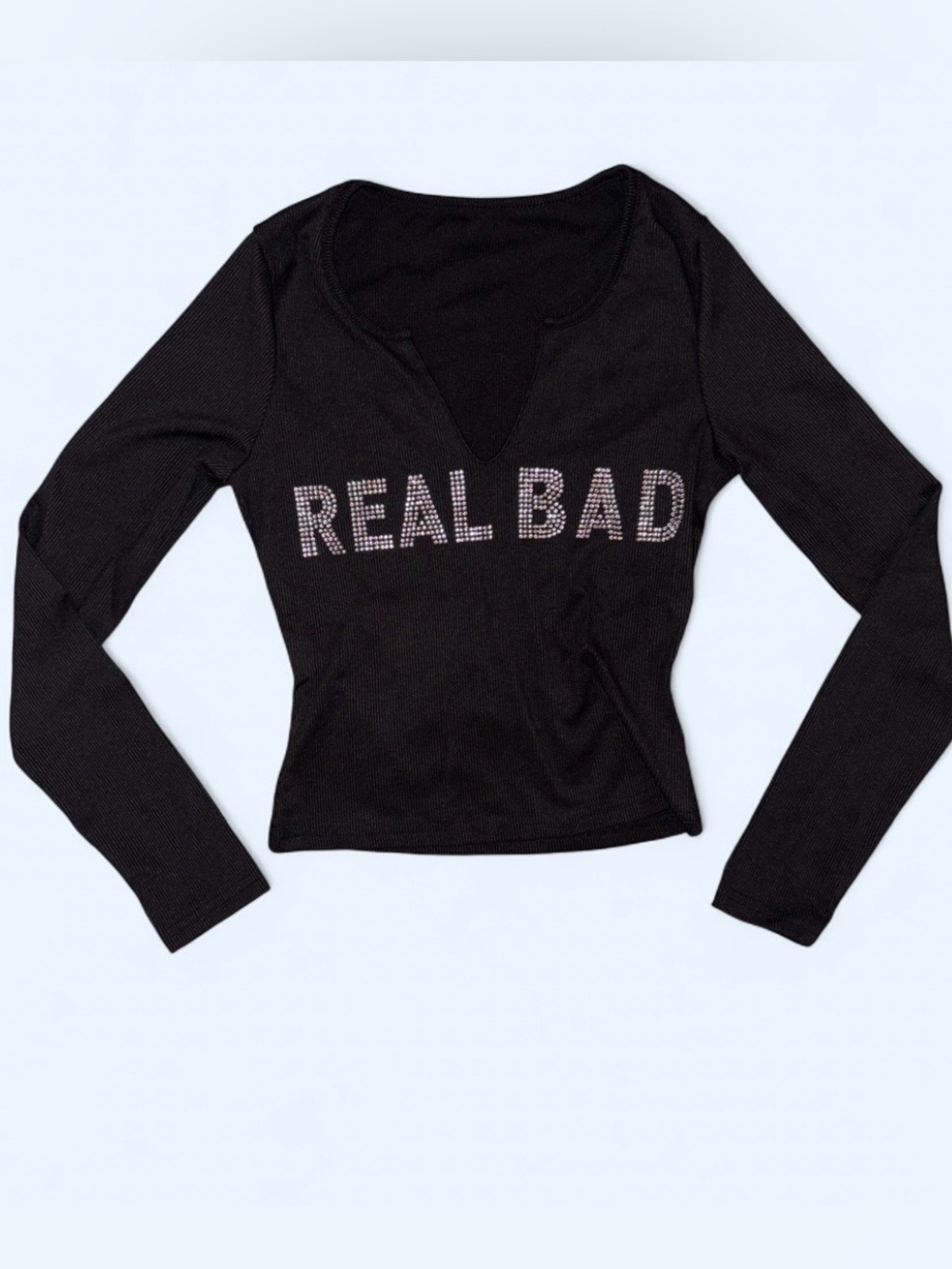 “Real Bad” NWOT Rhinestone Long Sleeve Ribbed Top - Size Small - Picture 4 of 7